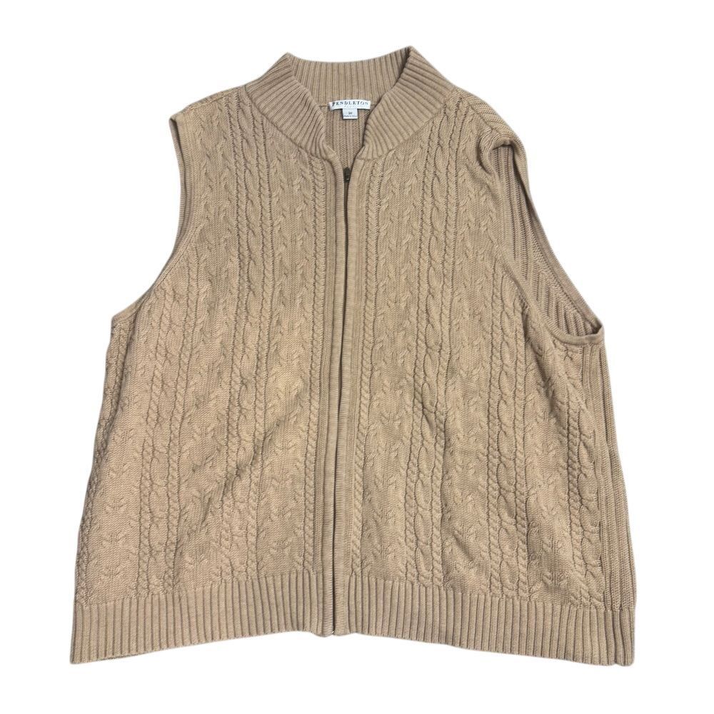 Pendleton Womens Plus Size 3X Beige 100% Cotton Full Zip Cable Knit Sweater Vest